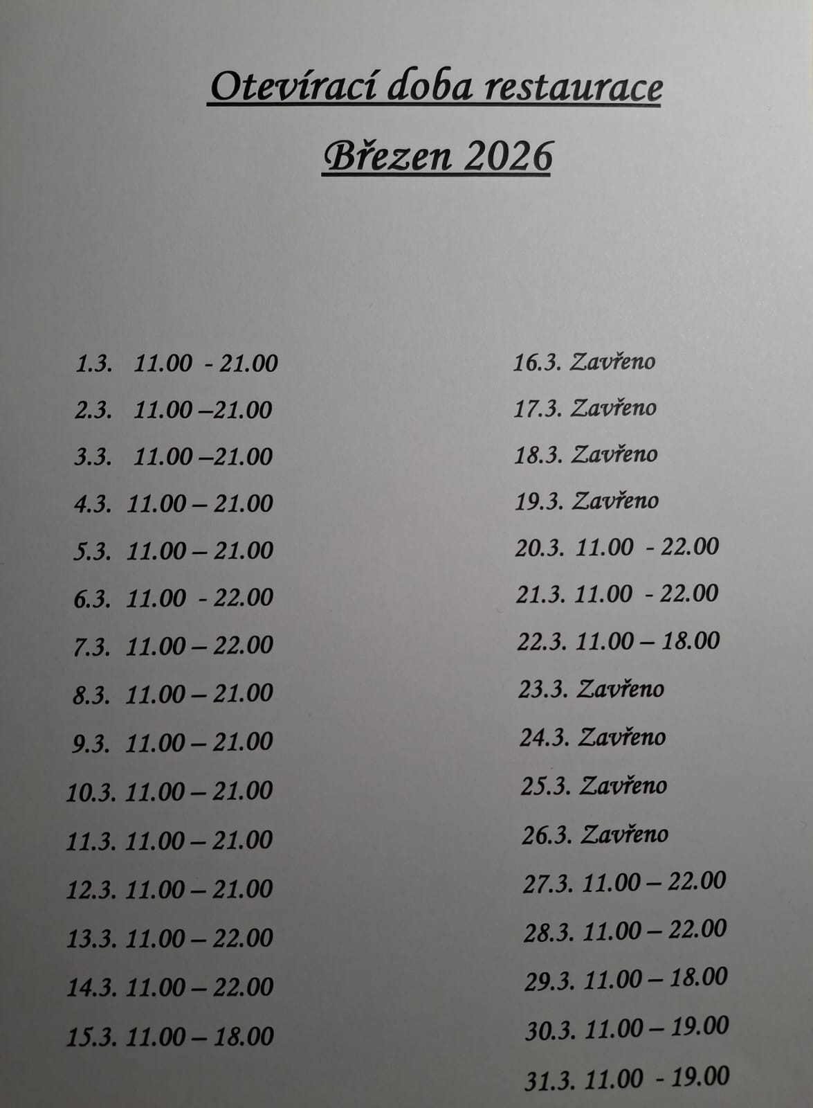 otevírací doba - 3 2026